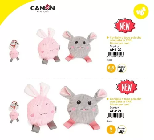 Camon Nyuszis egérkés plüss TPR labdás sípolós játék 9 cm 